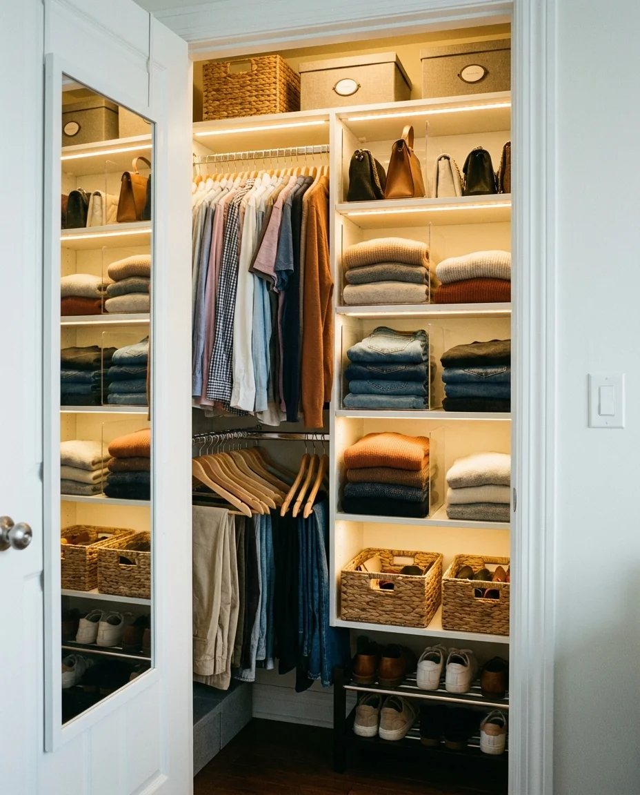 A small, well-organized closet using vertical space and shelf dividers.