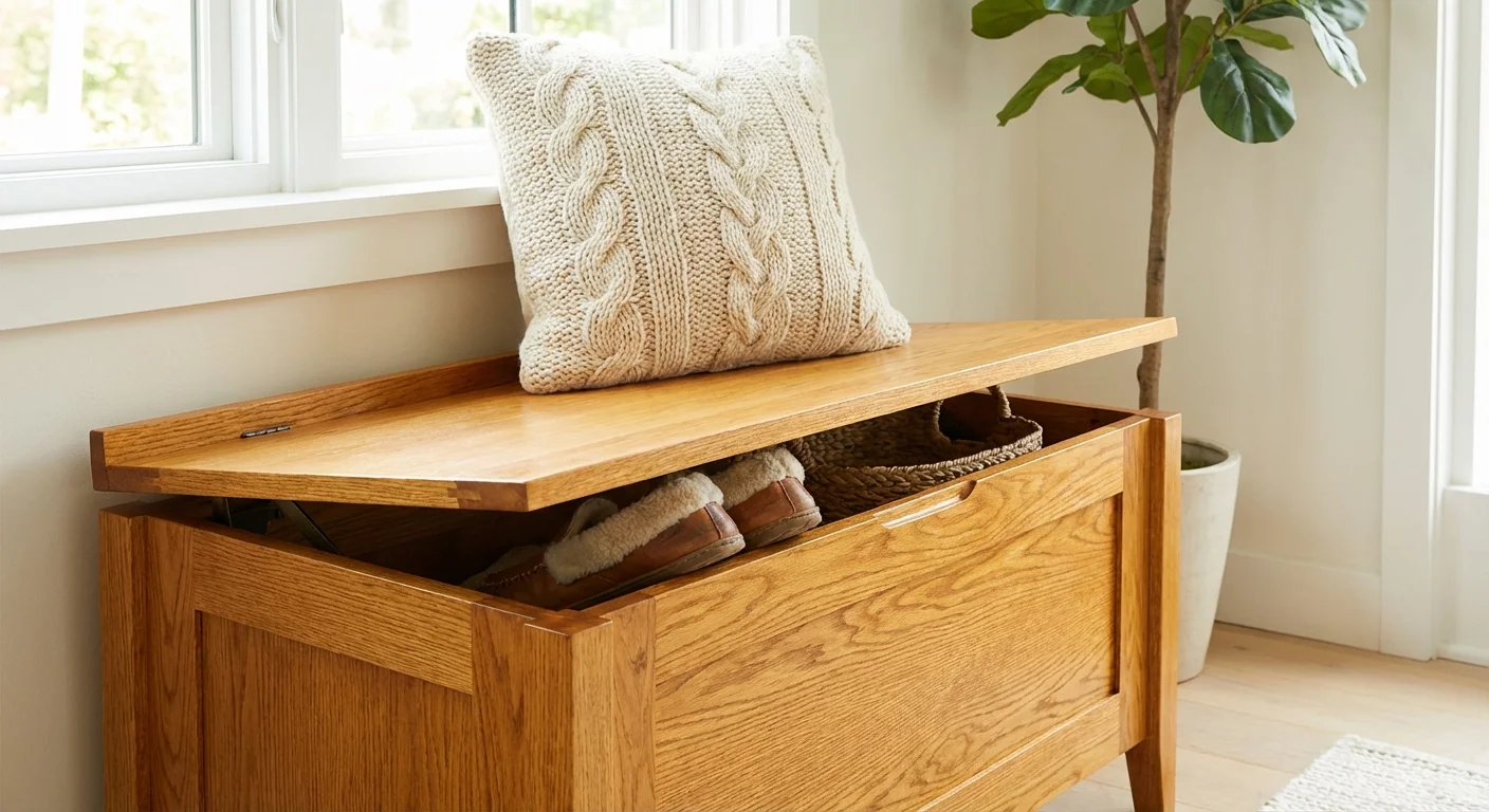 A small wooden storage bench with a pillow on top.
