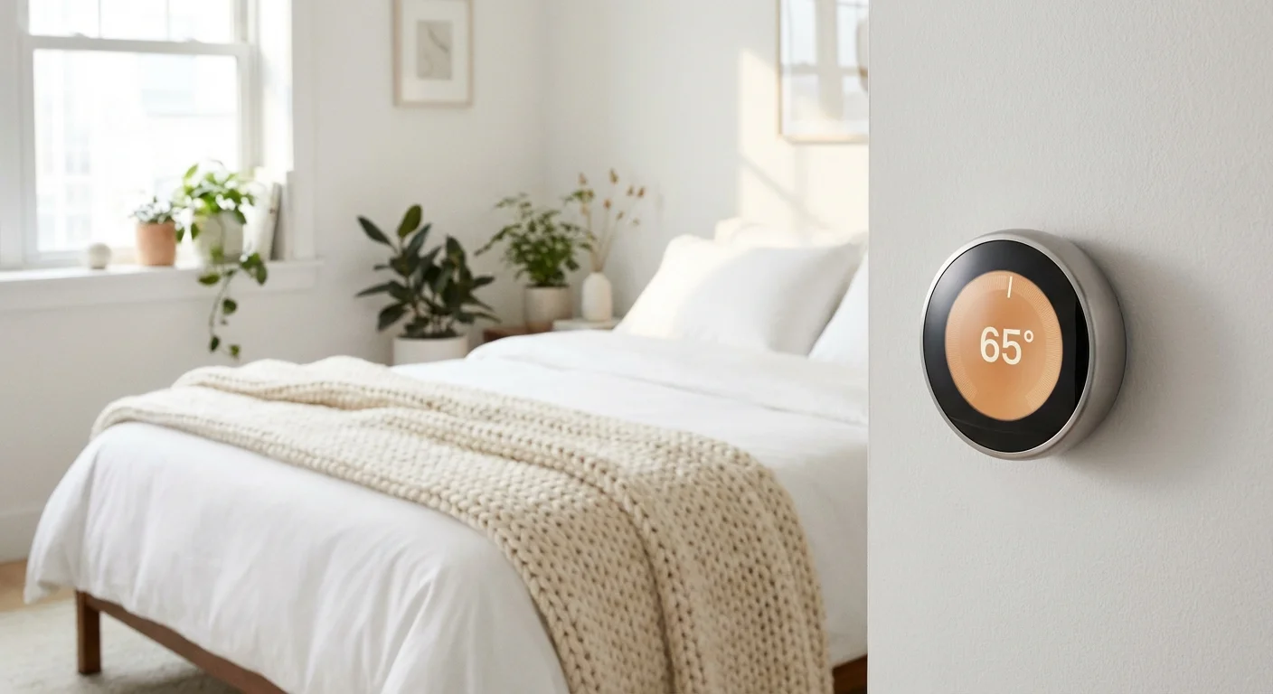 A smart thermostat set to 65 degrees in a modern, airy bedroom with white cotton bedding.