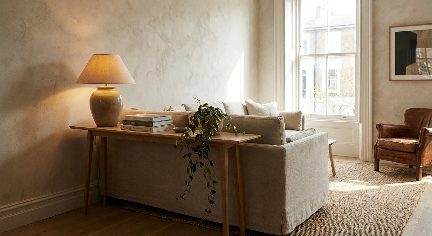 A sofa pulled slightly away from the wall to create a sense of depth and air in a small room.