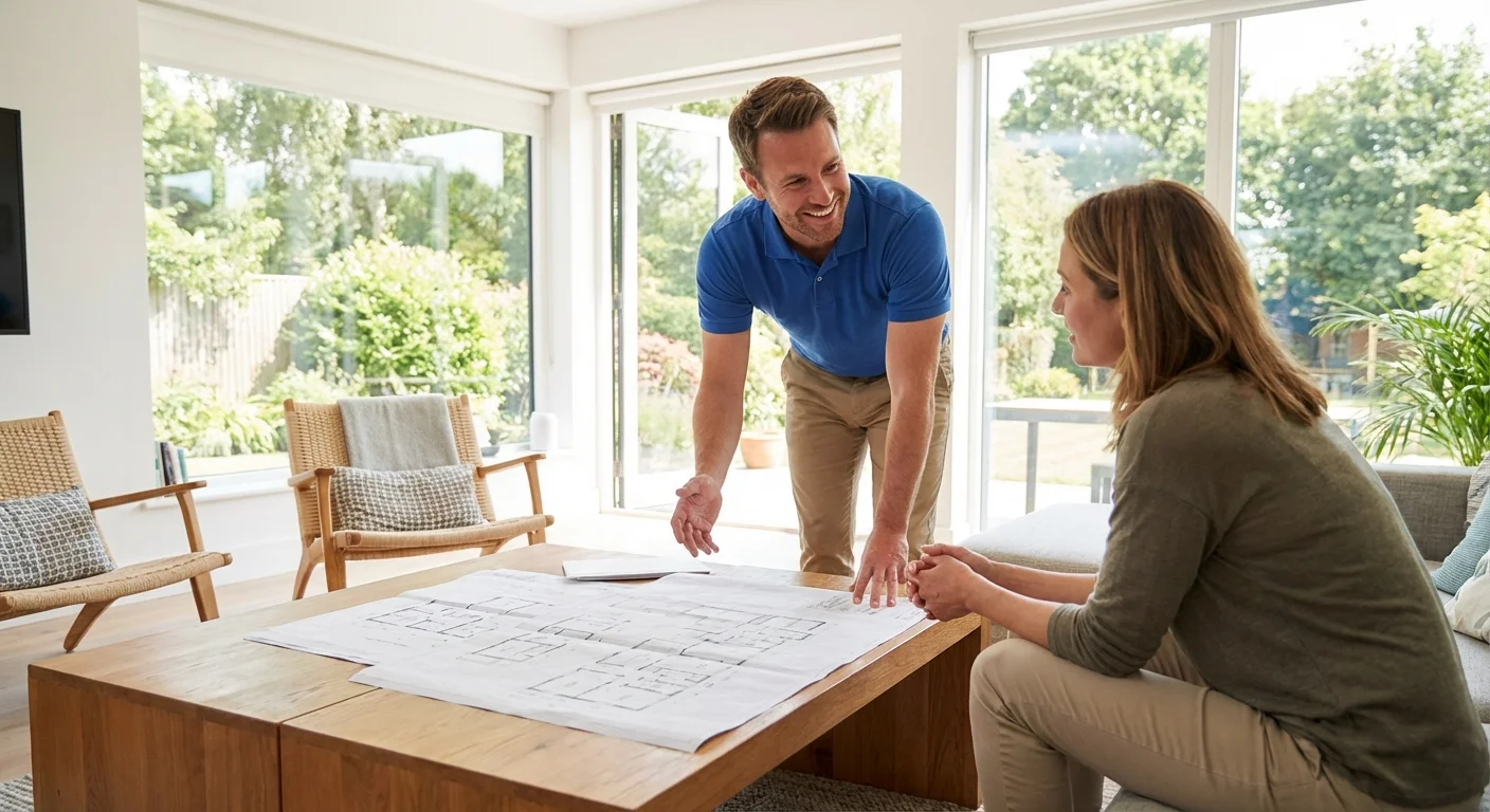 A solar consultant and a homeowner discussing plans in a comfortable living room.