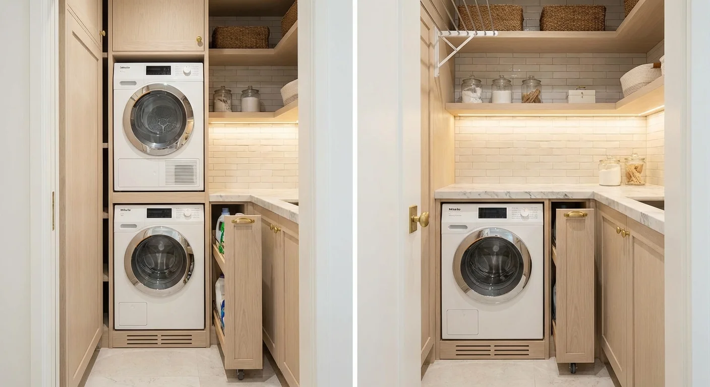 A space-saving laundry setup with stacked machines and a slim rolling storage cart.