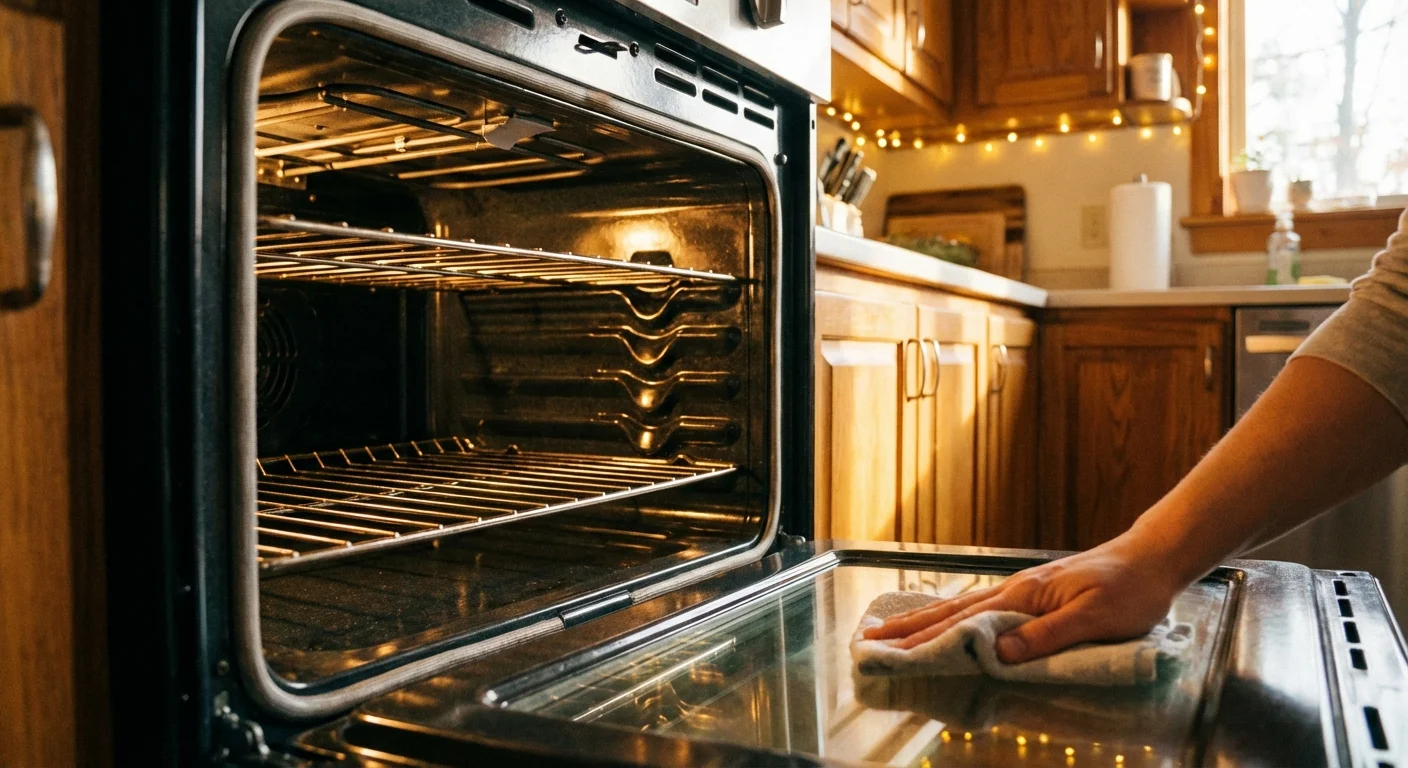 A sparkling clean oven with the door open in a warm kitchen.
