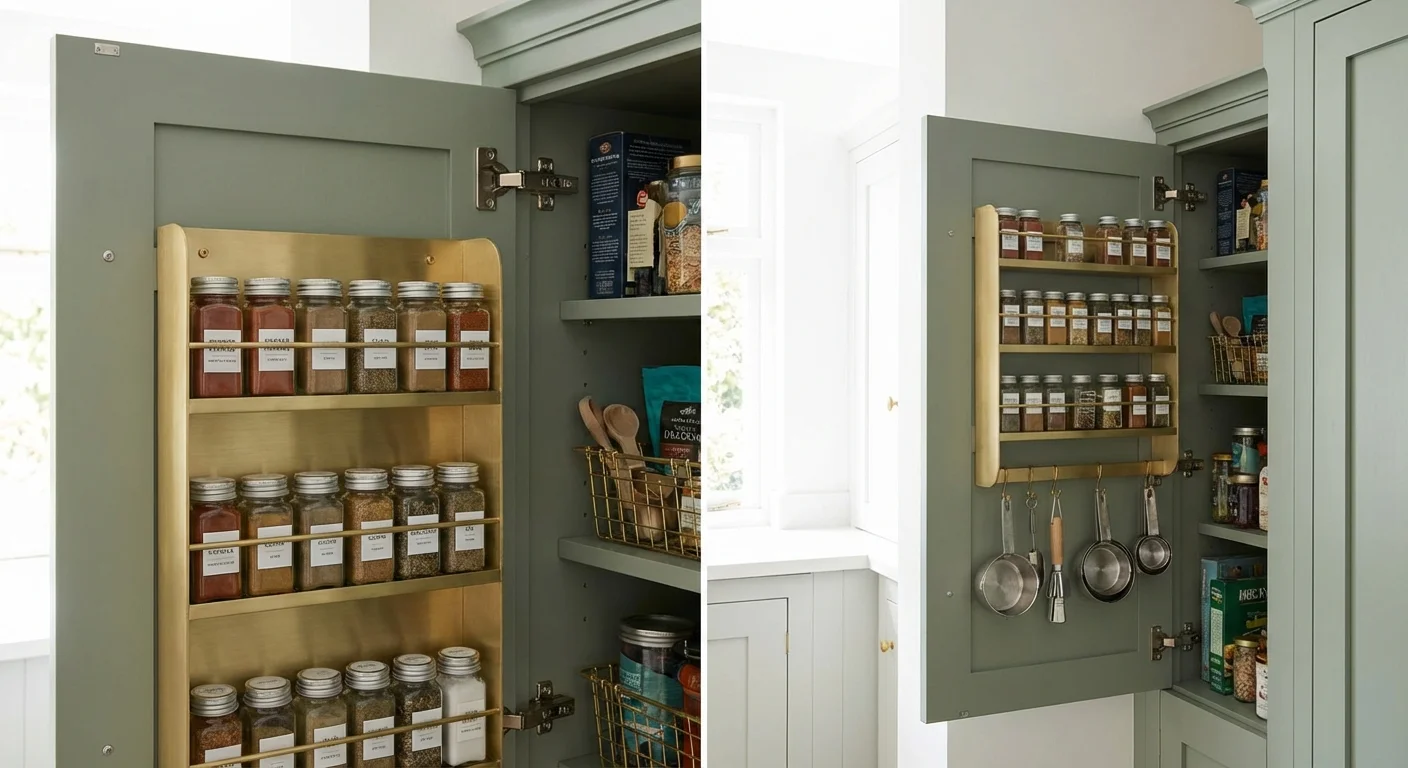 A spice rack mounted to the inside of a sage green kitchen cabinet door.