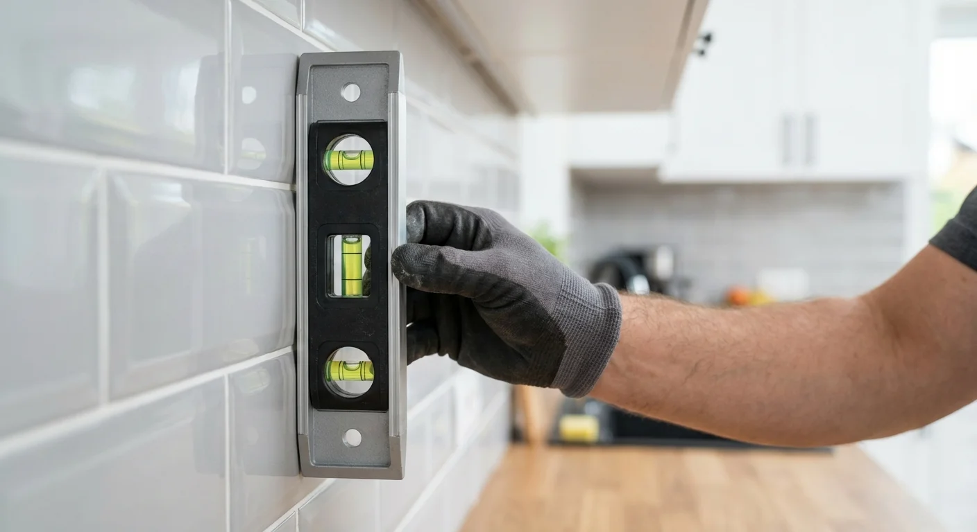 A spirit level being used to check the alignment of new kitchen tiles.