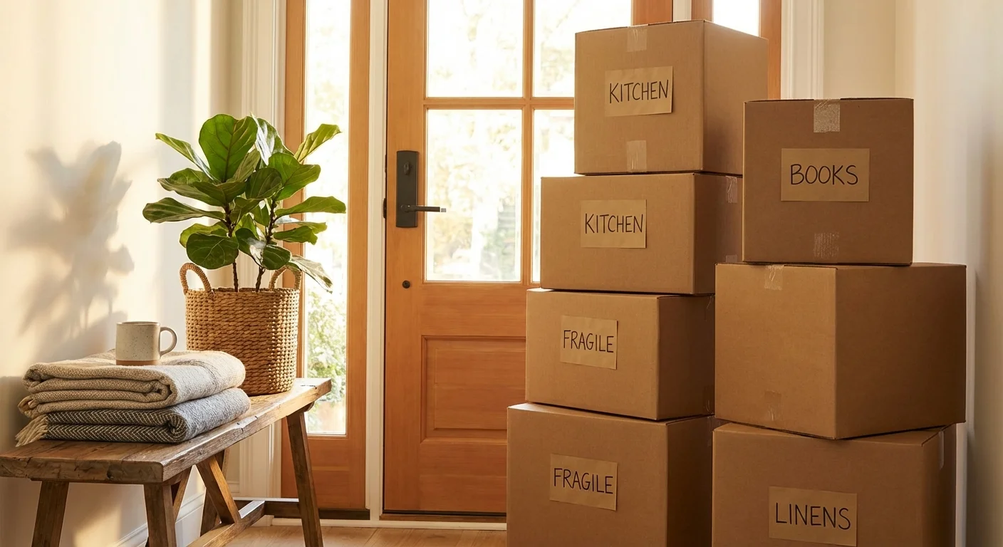 A stack of sealed moving boxes ready by the front door of a bright home.