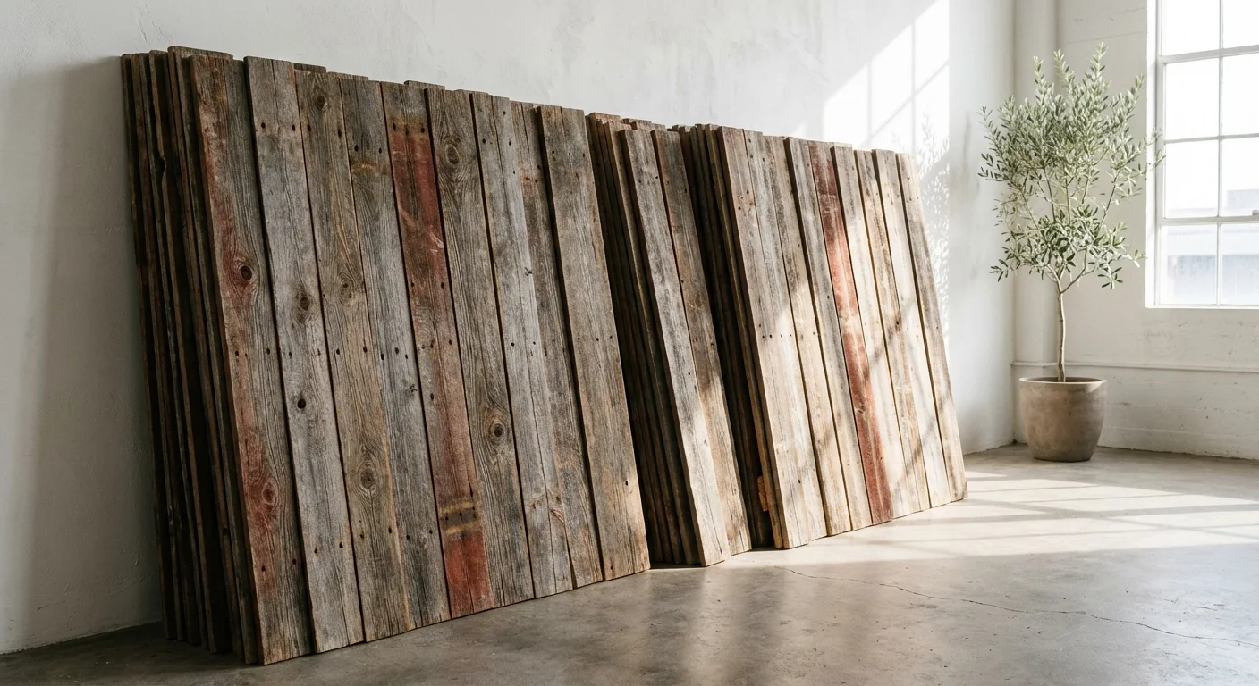 A stack of textured reclaimed wood planks against a clean white wall.
