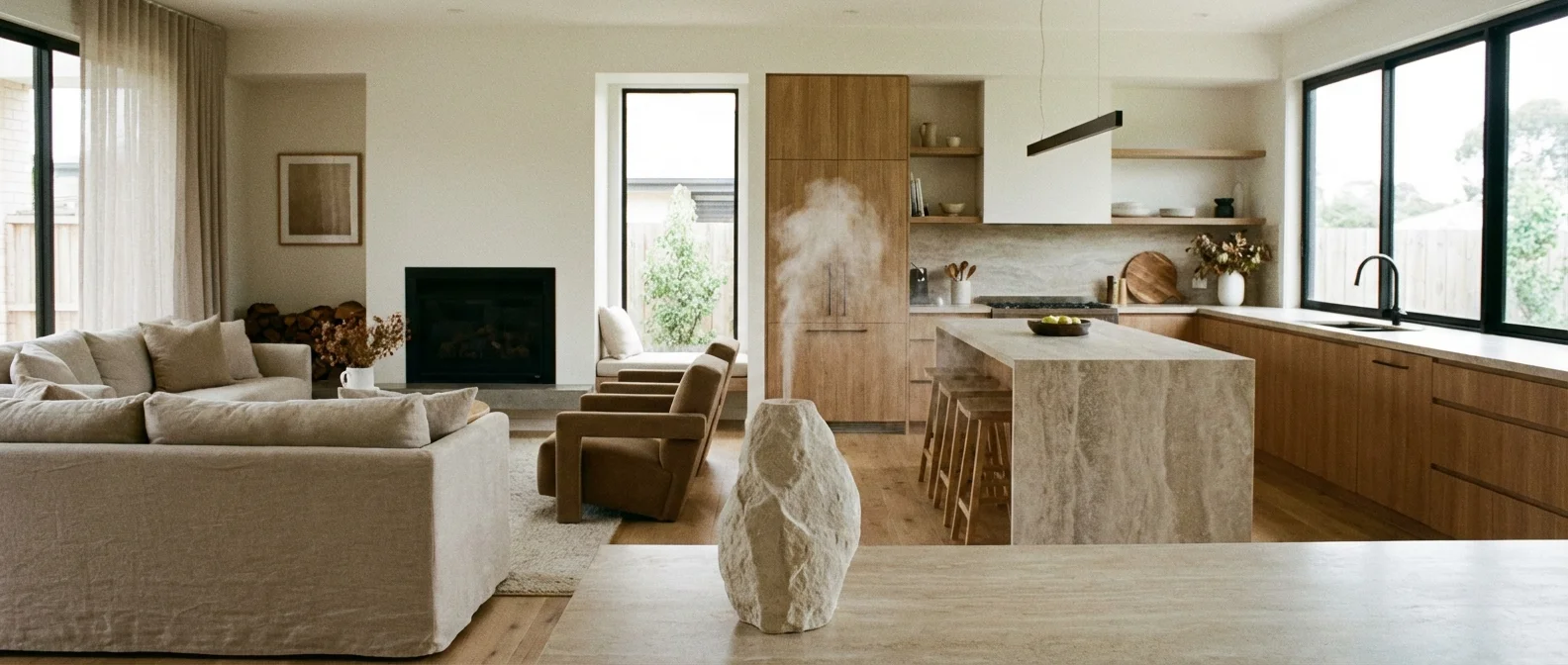 A stone diffuser misting in a modern, open-concept living space.