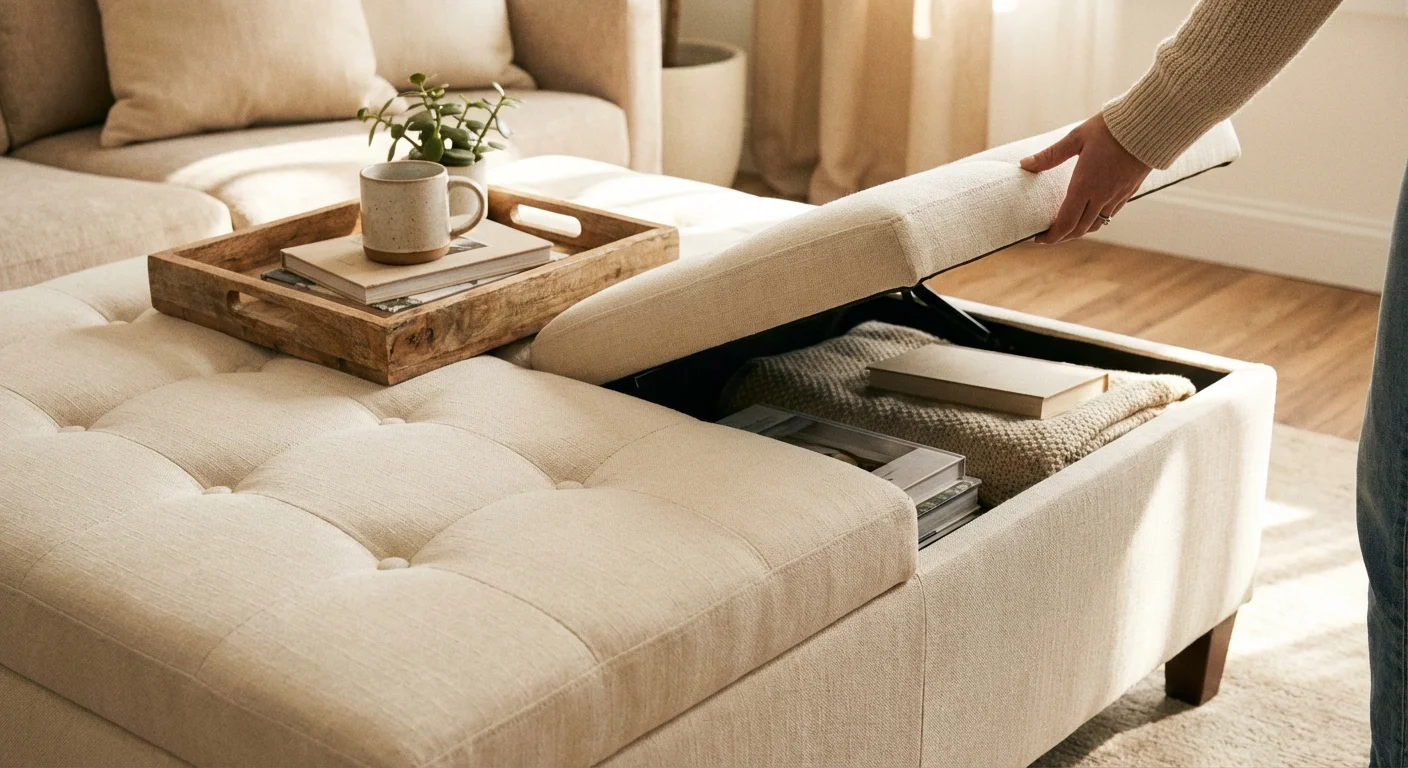 A storage ottoman being used as both a coffee table and a place to hide clutter.