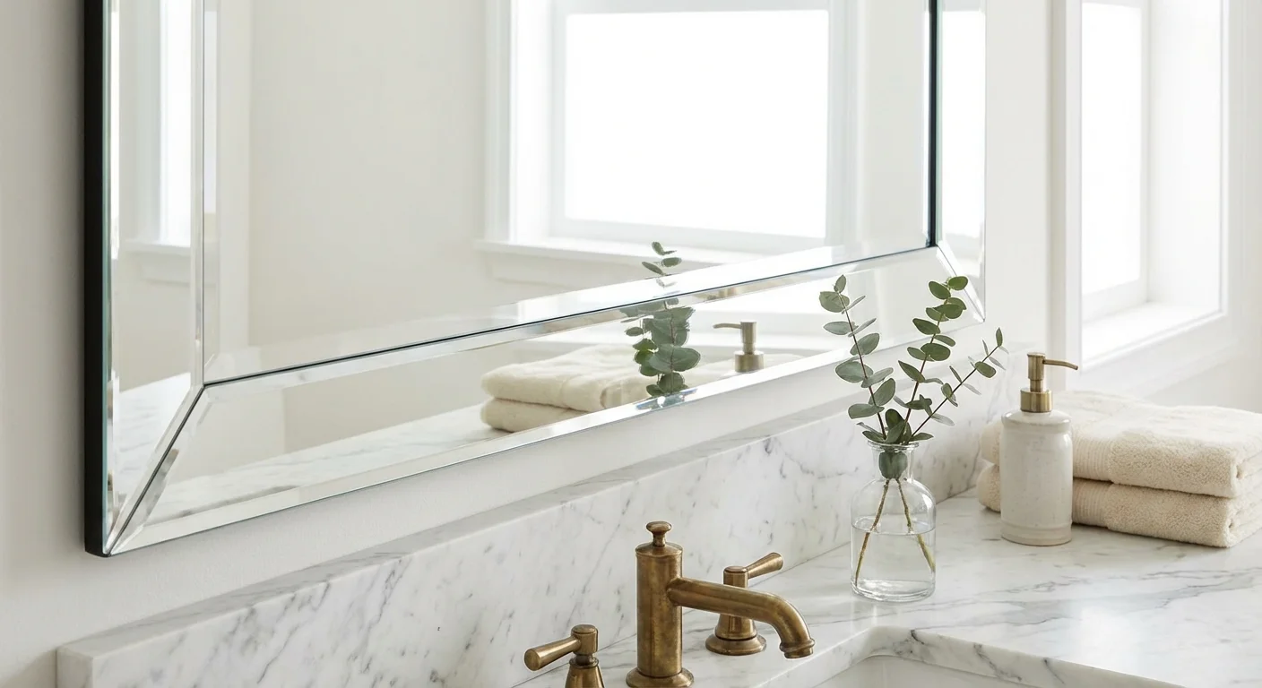 A streak-free bathroom mirror reflecting a clean marble sink and green plant.