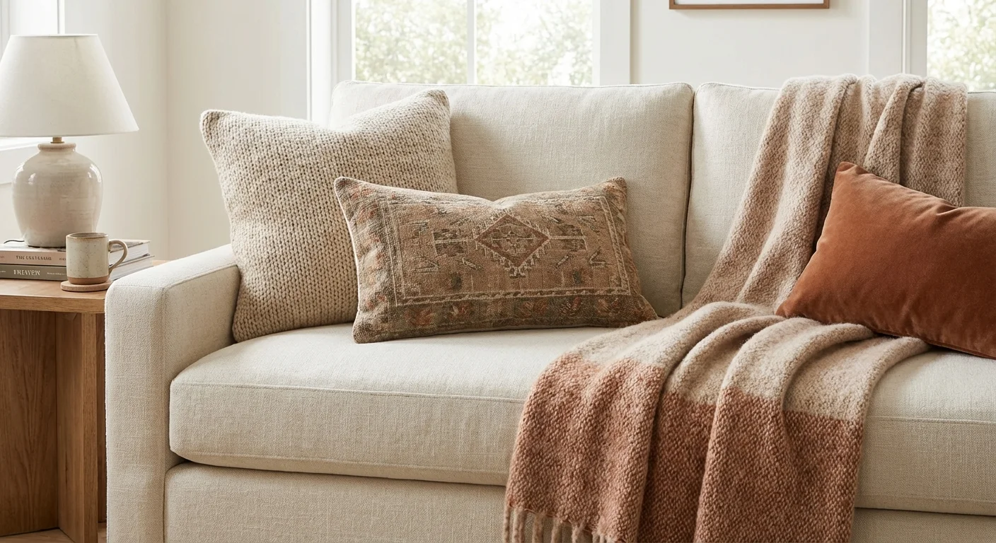 A styled sofa corner with layered pillows and a draped blanket.