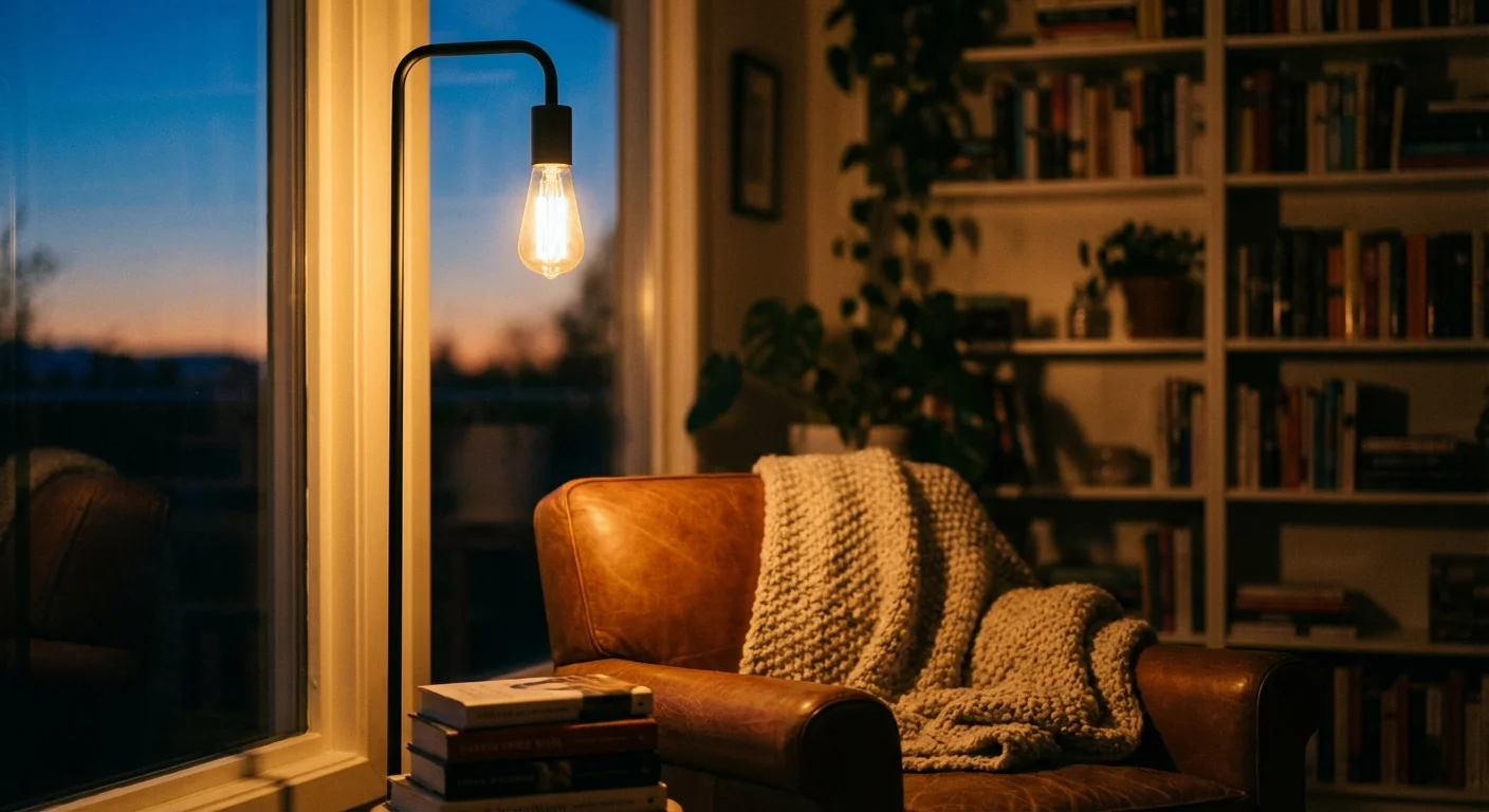 A stylish floor lamp illuminating a cozy armchair in a living room at night.