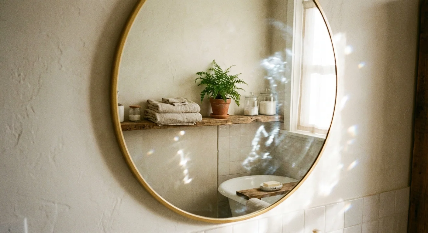 A stylish gold-framed circular mirror reflecting a tidy bathroom interior.