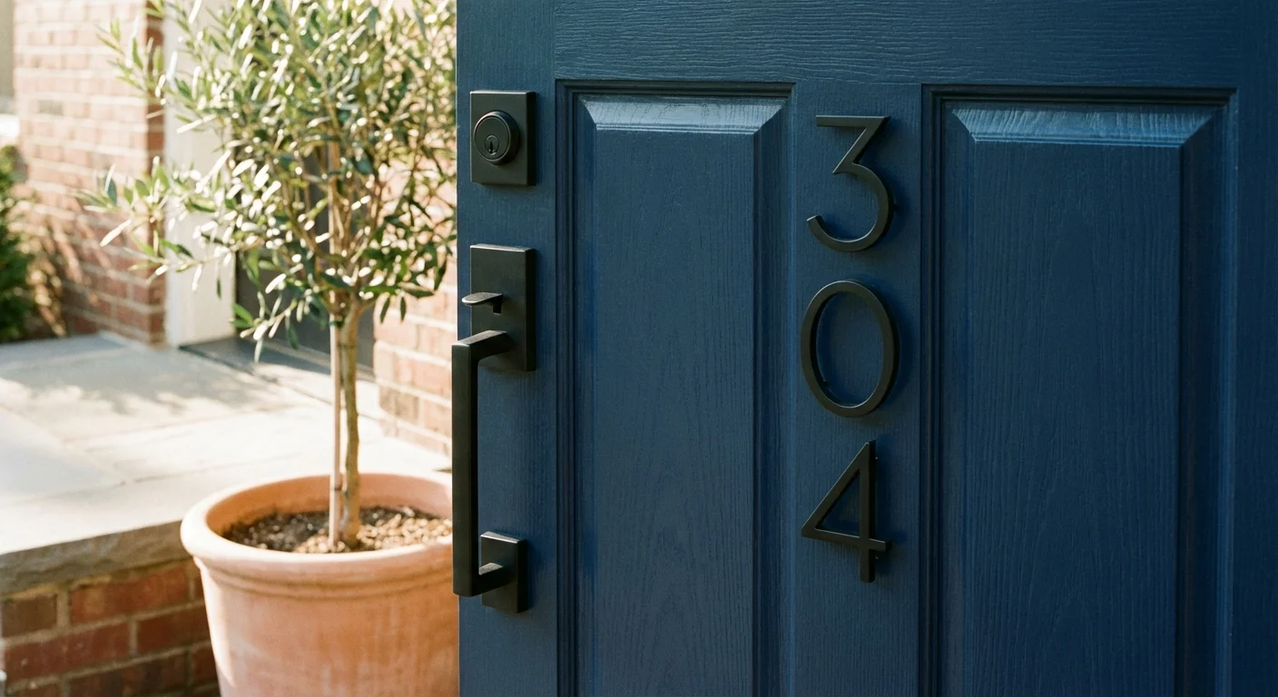 A stylish navy blue front door with modern black handles and house numbers.