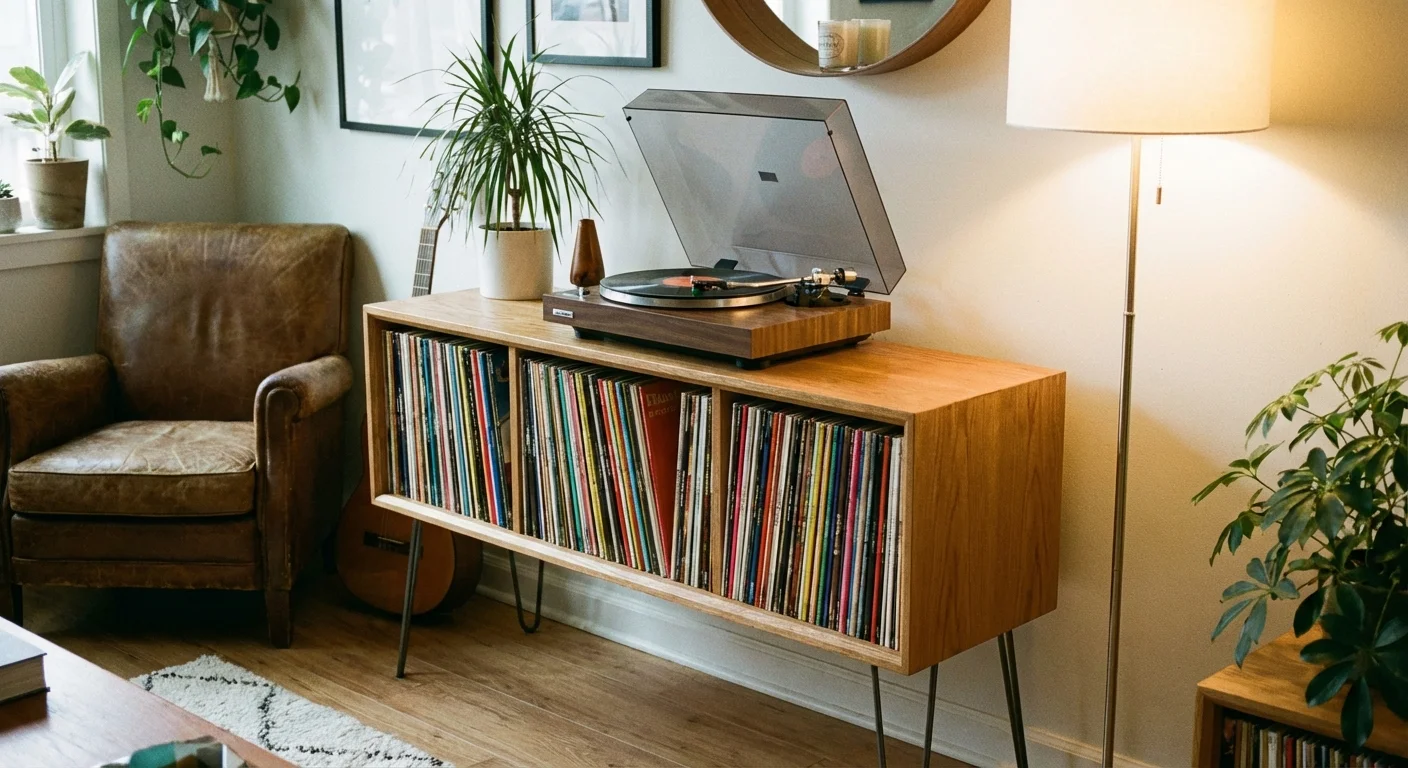 A stylish vinyl record storage station made from a wooden cubby unit.