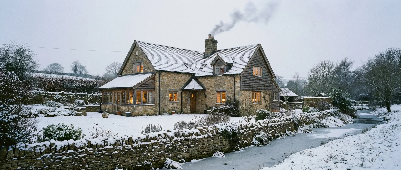 A suburban home with a snow-covered roof during a quiet winter day.