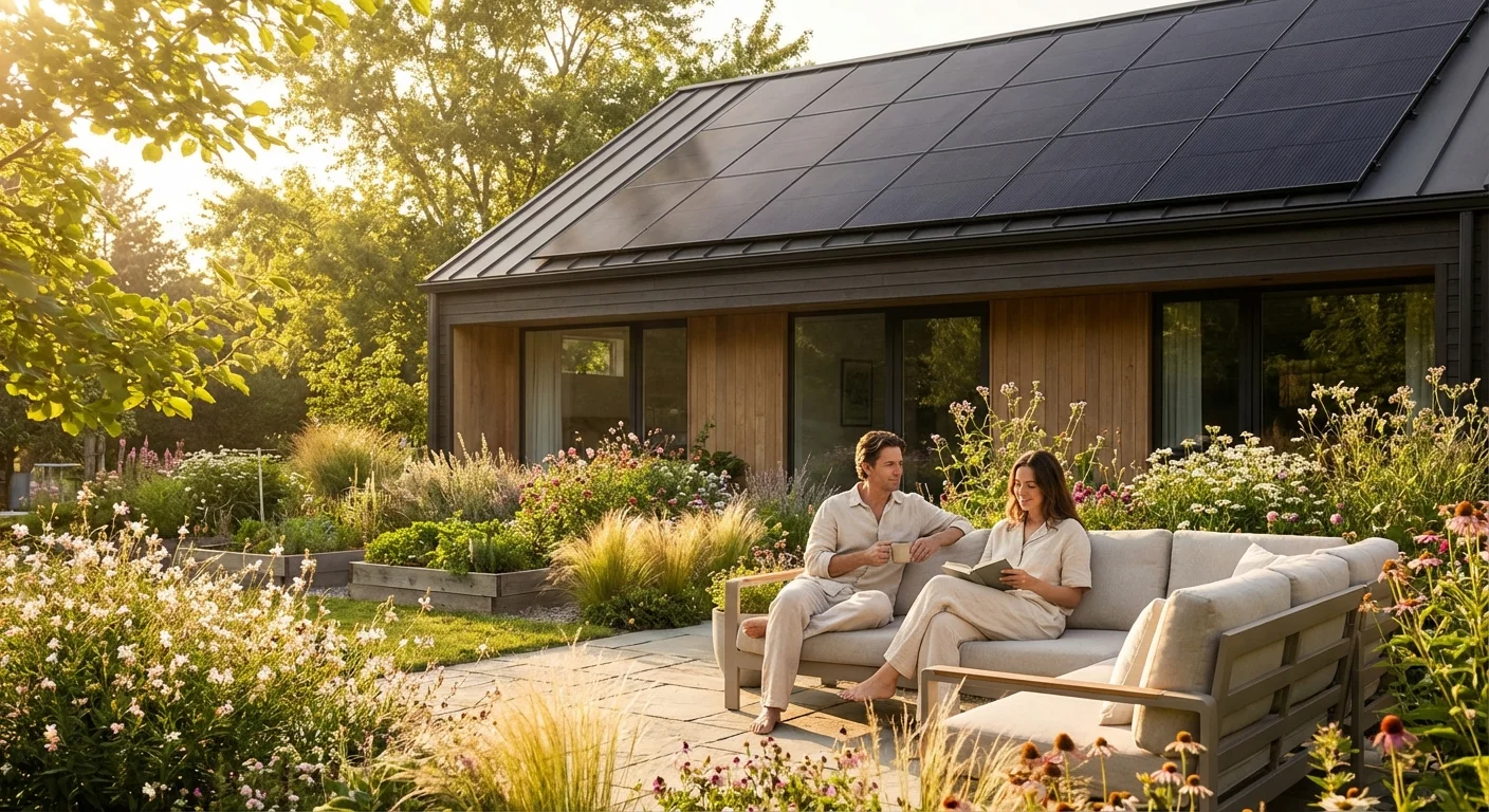 A sun-drenched modern home with solar panels on the roof and a couple relaxing in the garden.