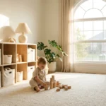 A sunlit, organized playroom with low wooden shelving and a child playing on a soft rug.