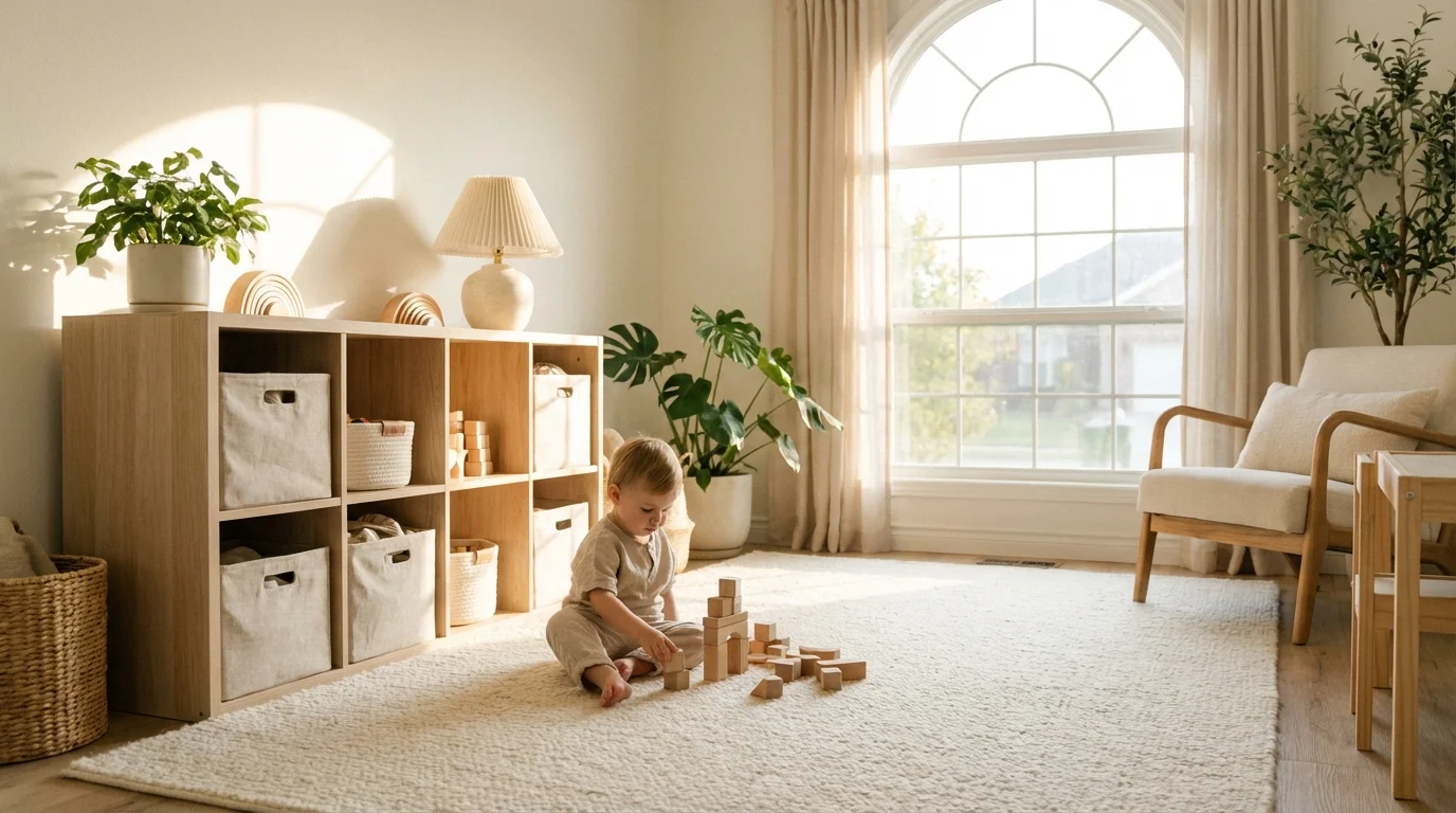 A sunlit, organized playroom with low wooden shelving and a child playing on a soft rug.