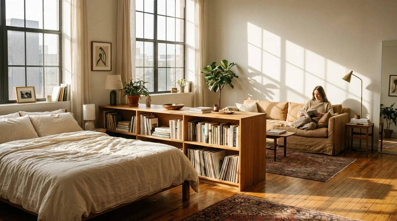 A sunlit studio apartment divided into a sleeping and living area by a low wooden bookshelf.