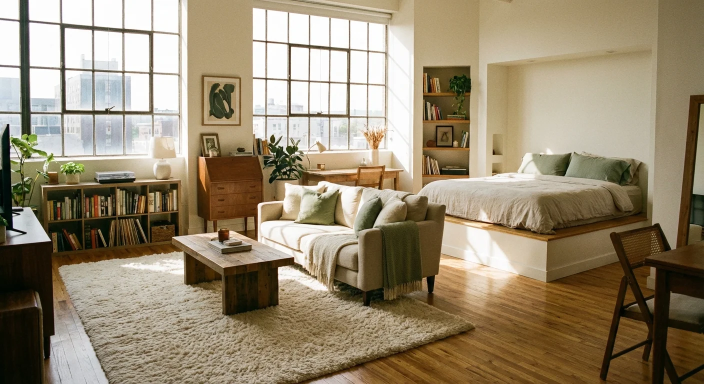 A sunlit, well-organized studio apartment with distinct living and sleeping zones defined by furniture and rugs.