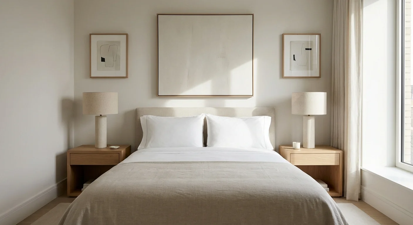 A symmetrical and perfectly styled small bedroom that feels expensive and intentional.