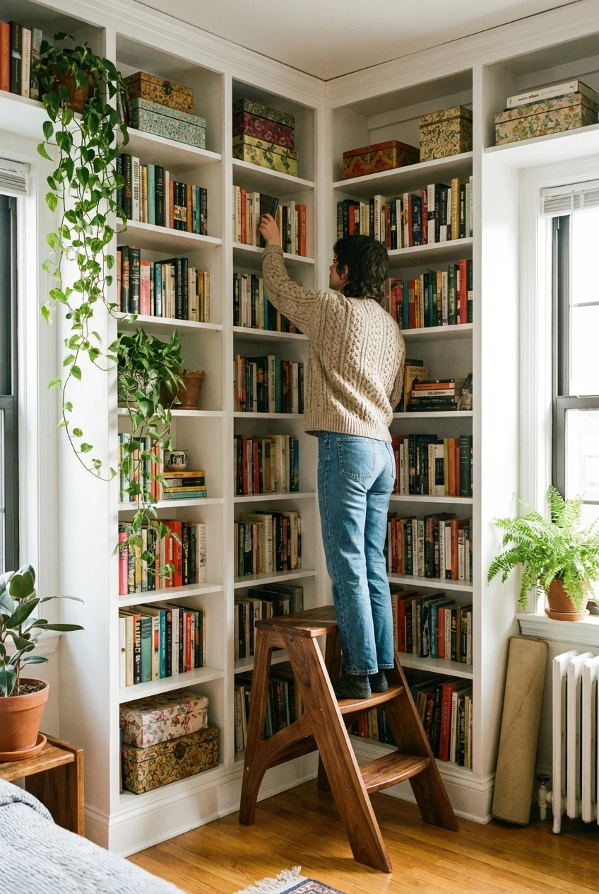 A tall, floor-to-ceiling bookshelf filled with items, maximizing the vertical wall space.