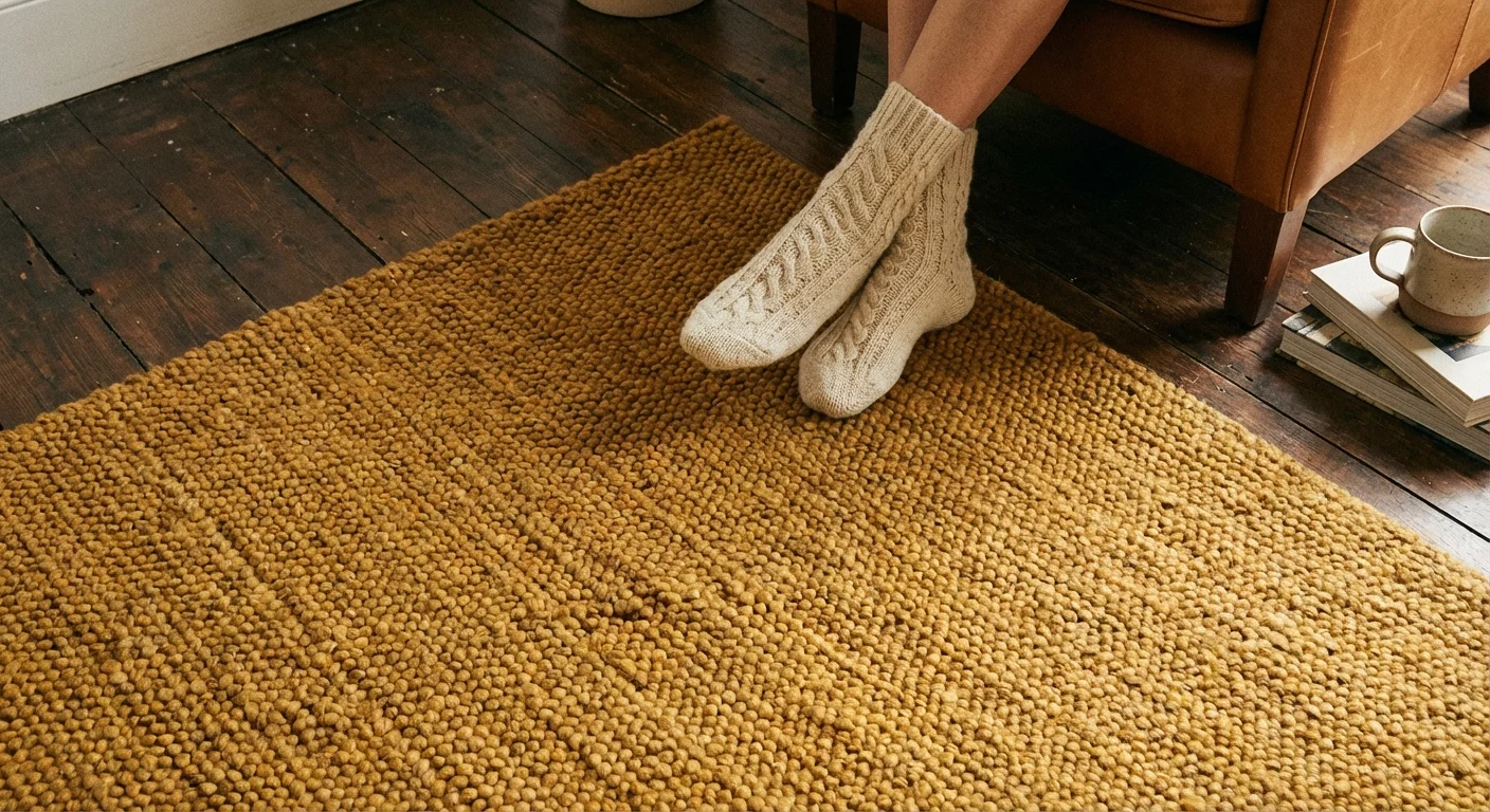 A thick wool rug on hardwood floors with someone wearing knit socks, emphasizing floor insulation.