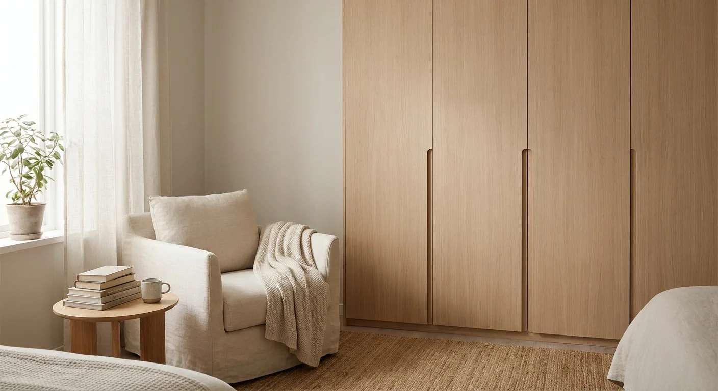 A tidy and organized bedroom corner with a built-in wardrobe and a reading chair.