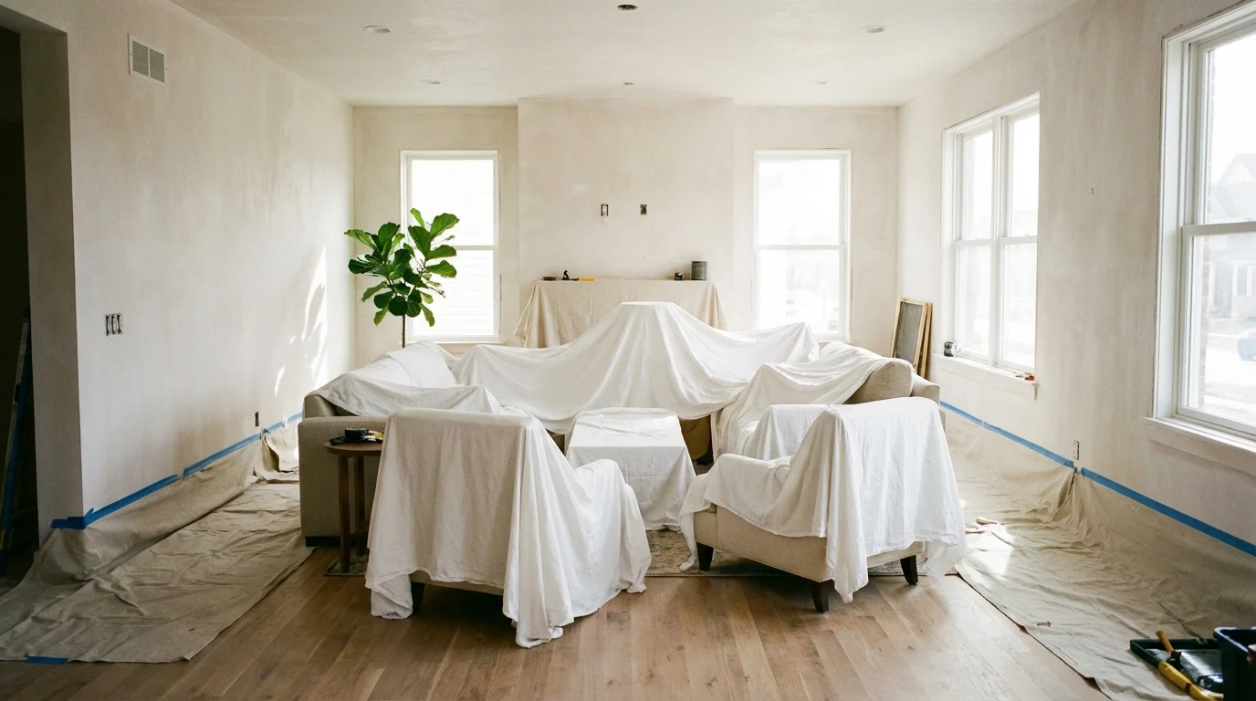 A tidy room prepared for painting with covered furniture and drop cloths.