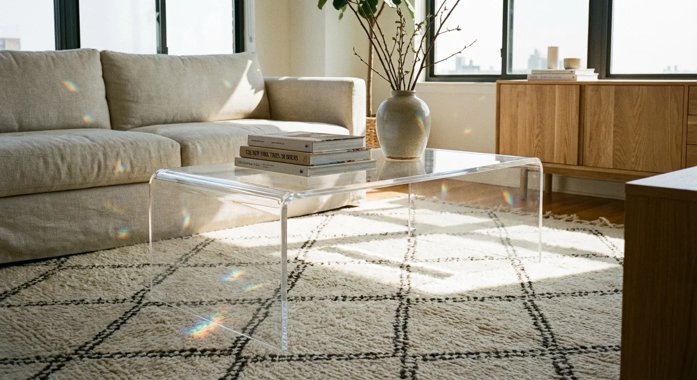 A transparent acrylic coffee table that disappears into the room to reduce visual clutter.