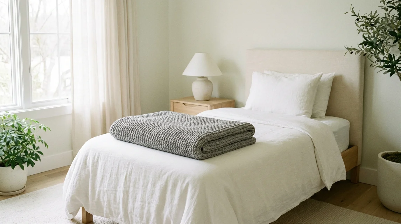 A twin bed with a weighted blanket perfectly centered on top of the mattress.