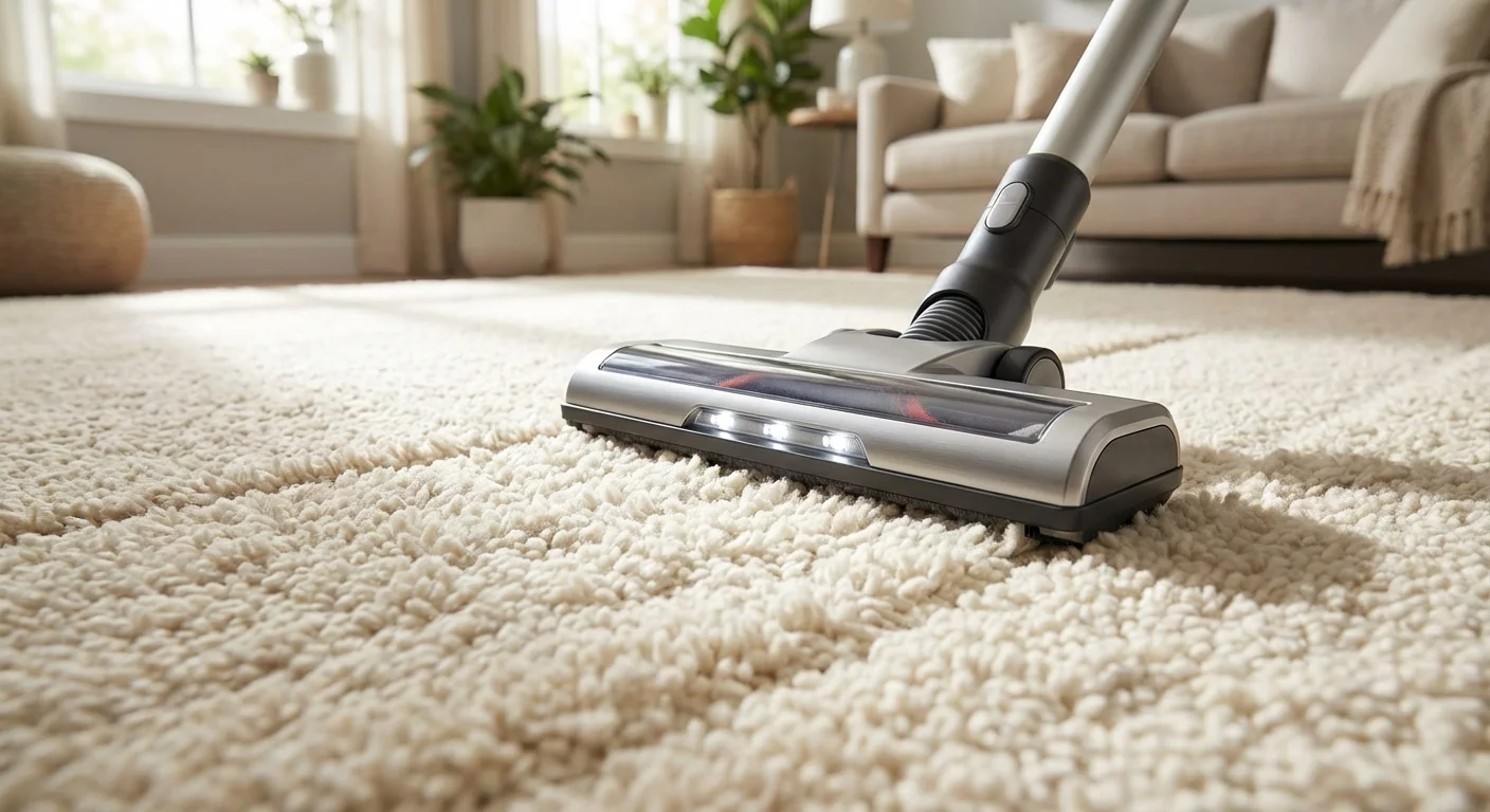 A vacuum cleaner head moving over a thick, cream-colored area rug.