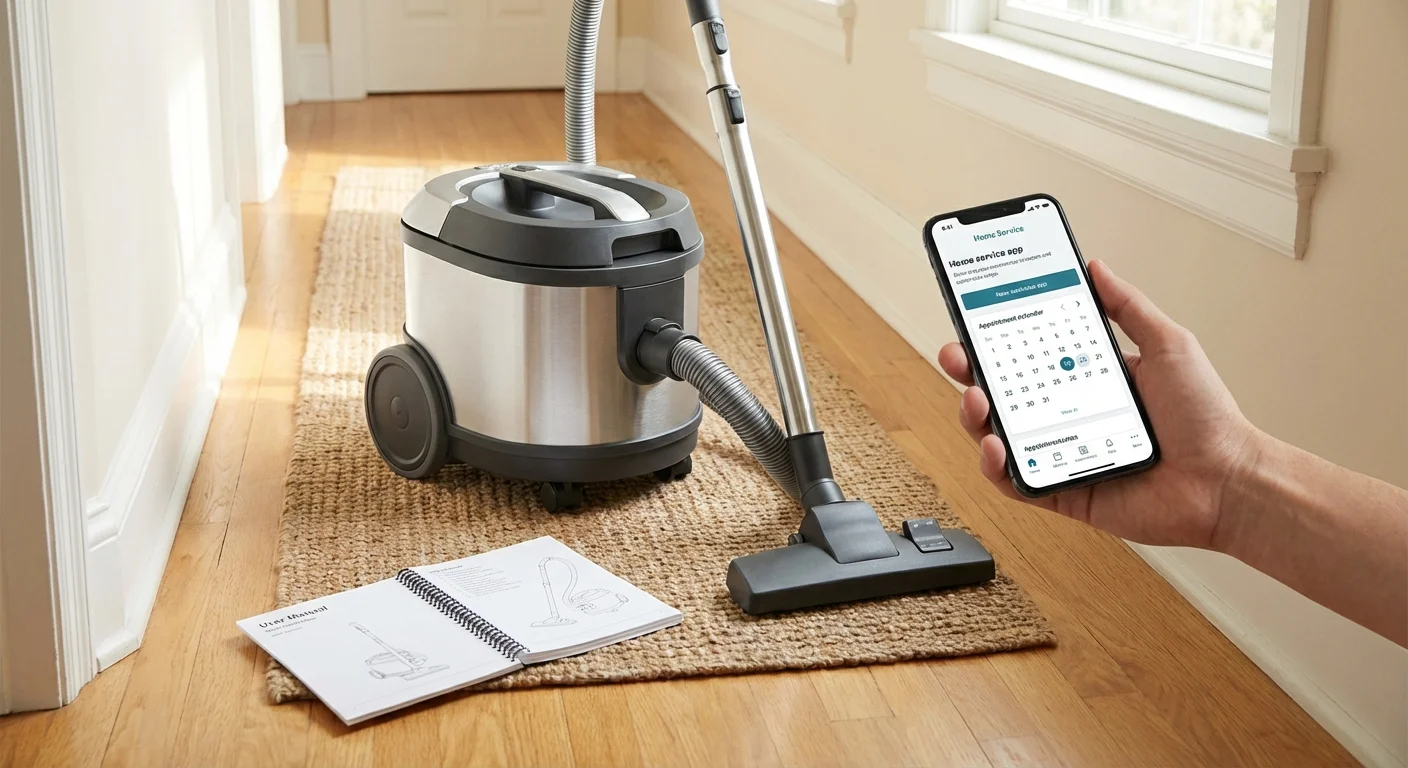A vacuum cleaner next to a manual and a smartphone, symbolizing professional support.