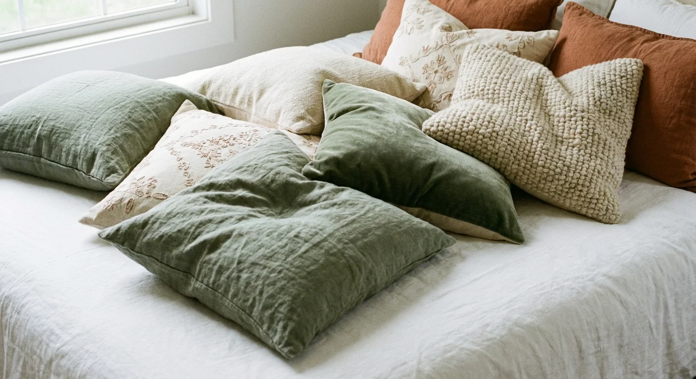 A variety of textured pillow covers in green, cream, and terracotta.