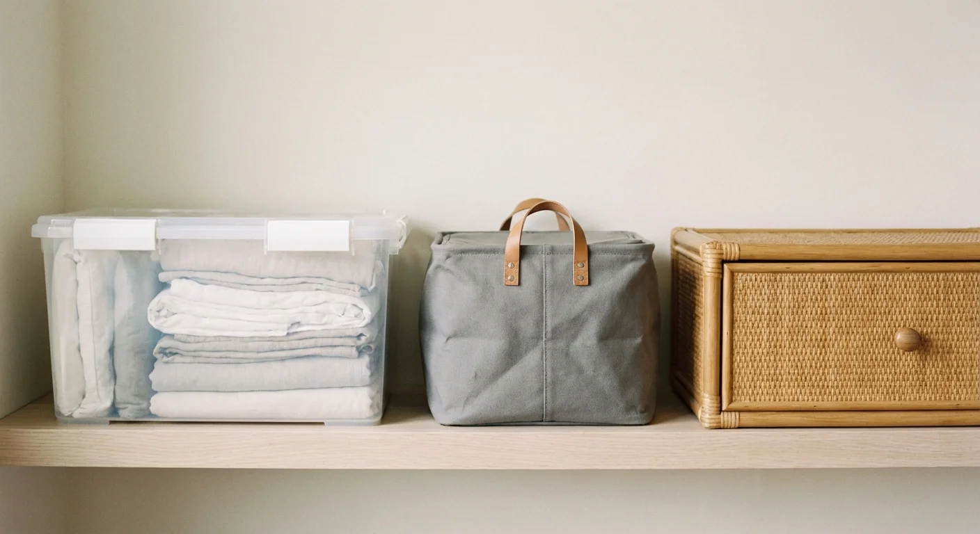 A variety of under-bed storage containers including plastic bins, canvas bags, and woven drawers.