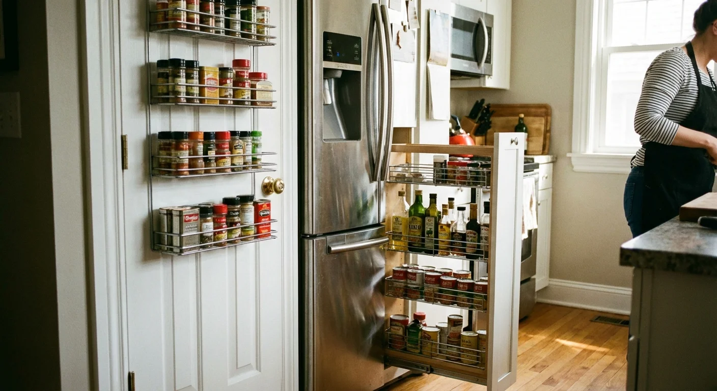 A vertical pull-out spice rack and door organizer in a kitchen.