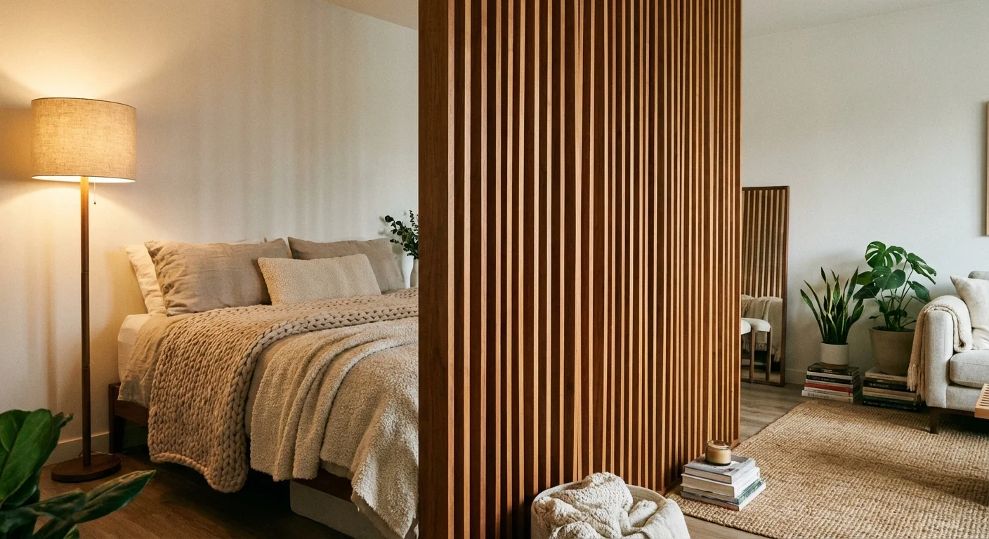 A vertical wooden slat divider separating a bed from a living room.