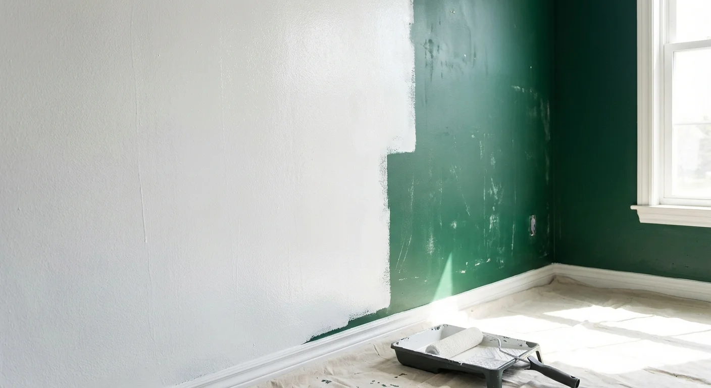 A wall being primed to cover a darker color, showing clean white coverage.
