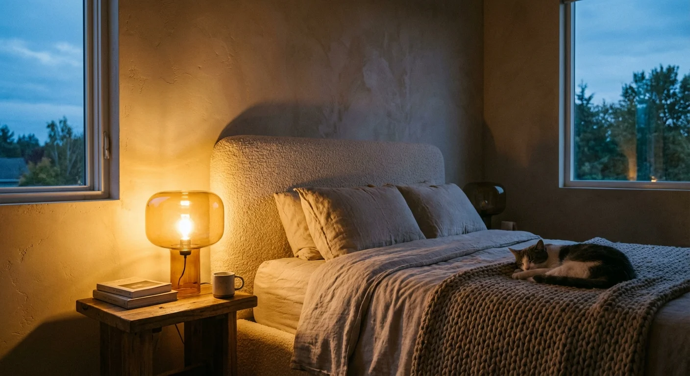 A warm bedside lamp glowing in a dark room, creating a cozy and peaceful atmosphere.