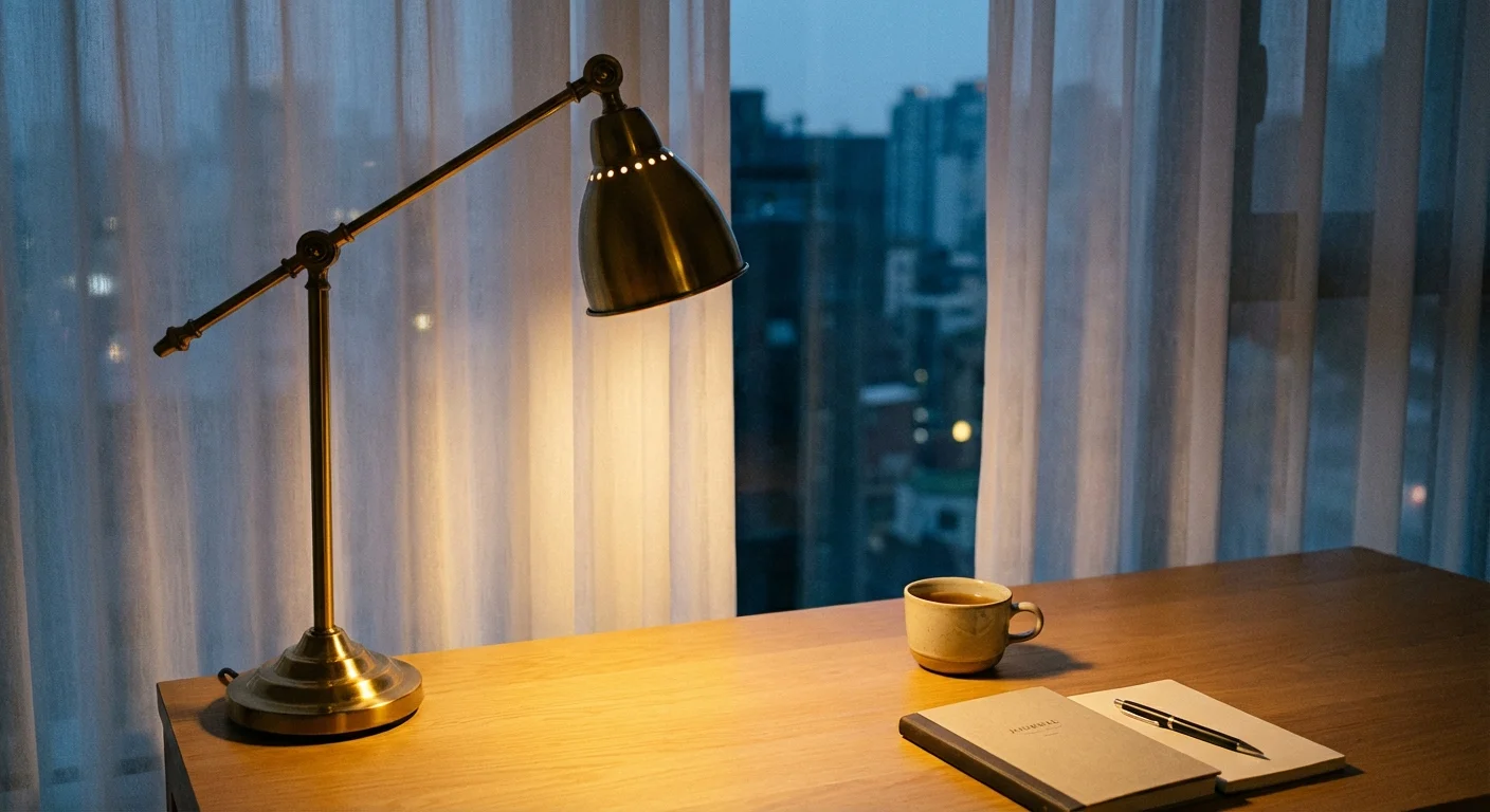 A warm desk lamp illuminating a cozy home office setup at sunset.