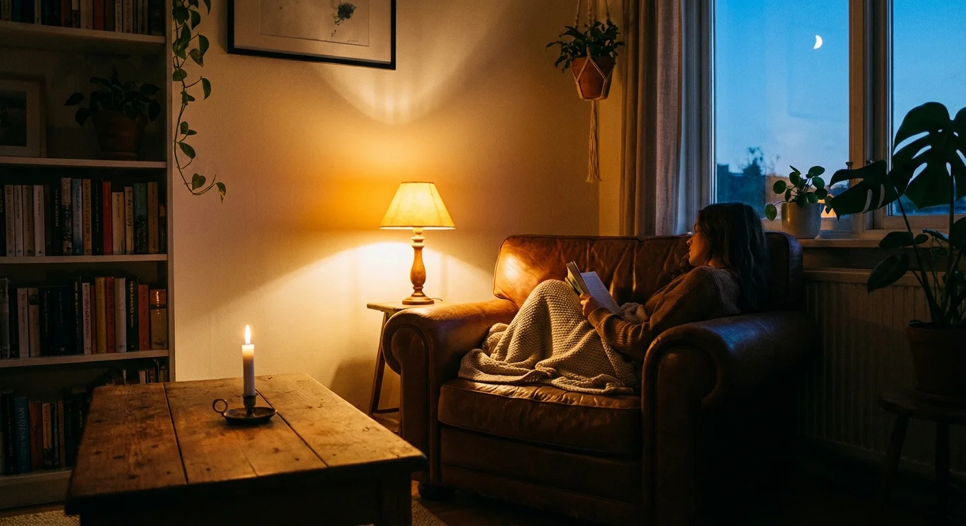 A warm lamp and a candle illuminate a cozy armchair, creating a peaceful pool of light in a dark room.