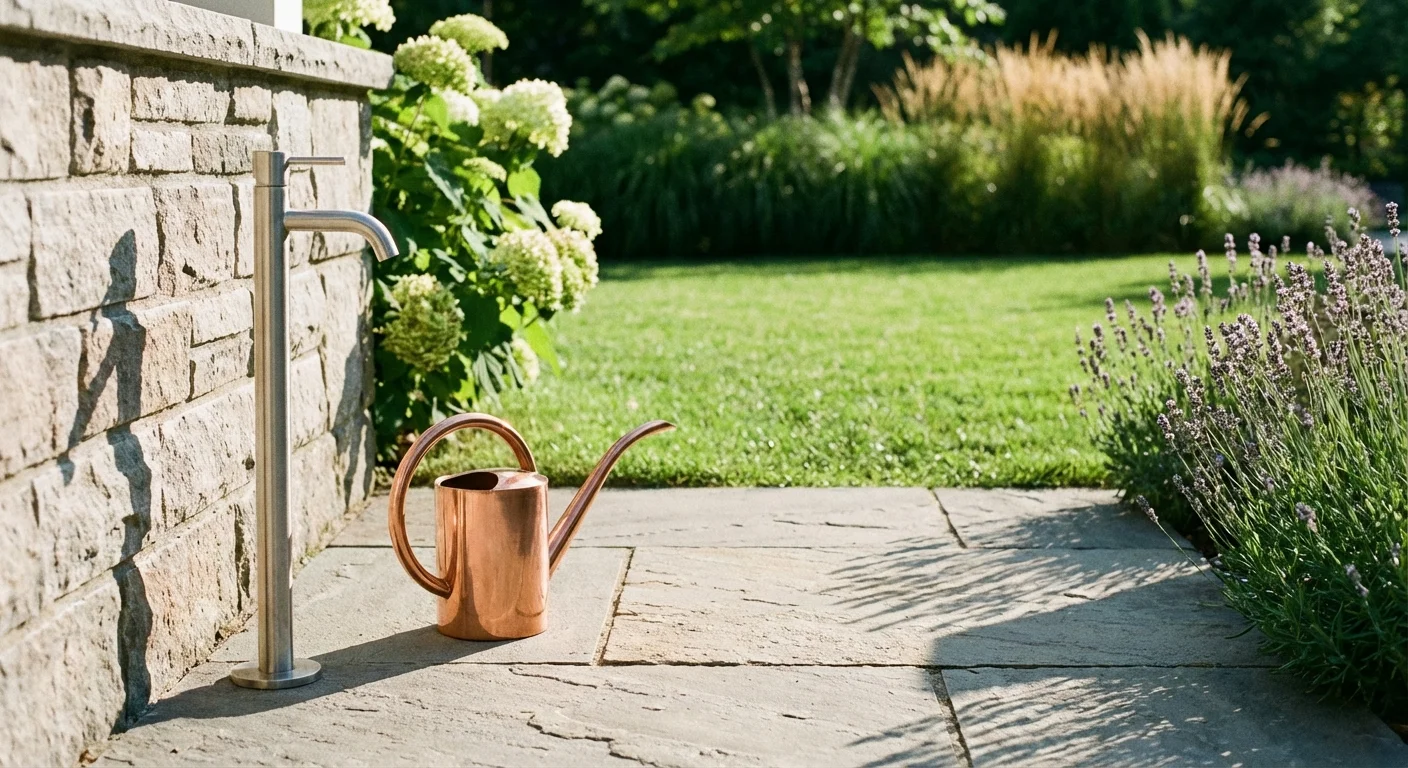 A well-maintained outdoor faucet and stone patio in the summer sun.