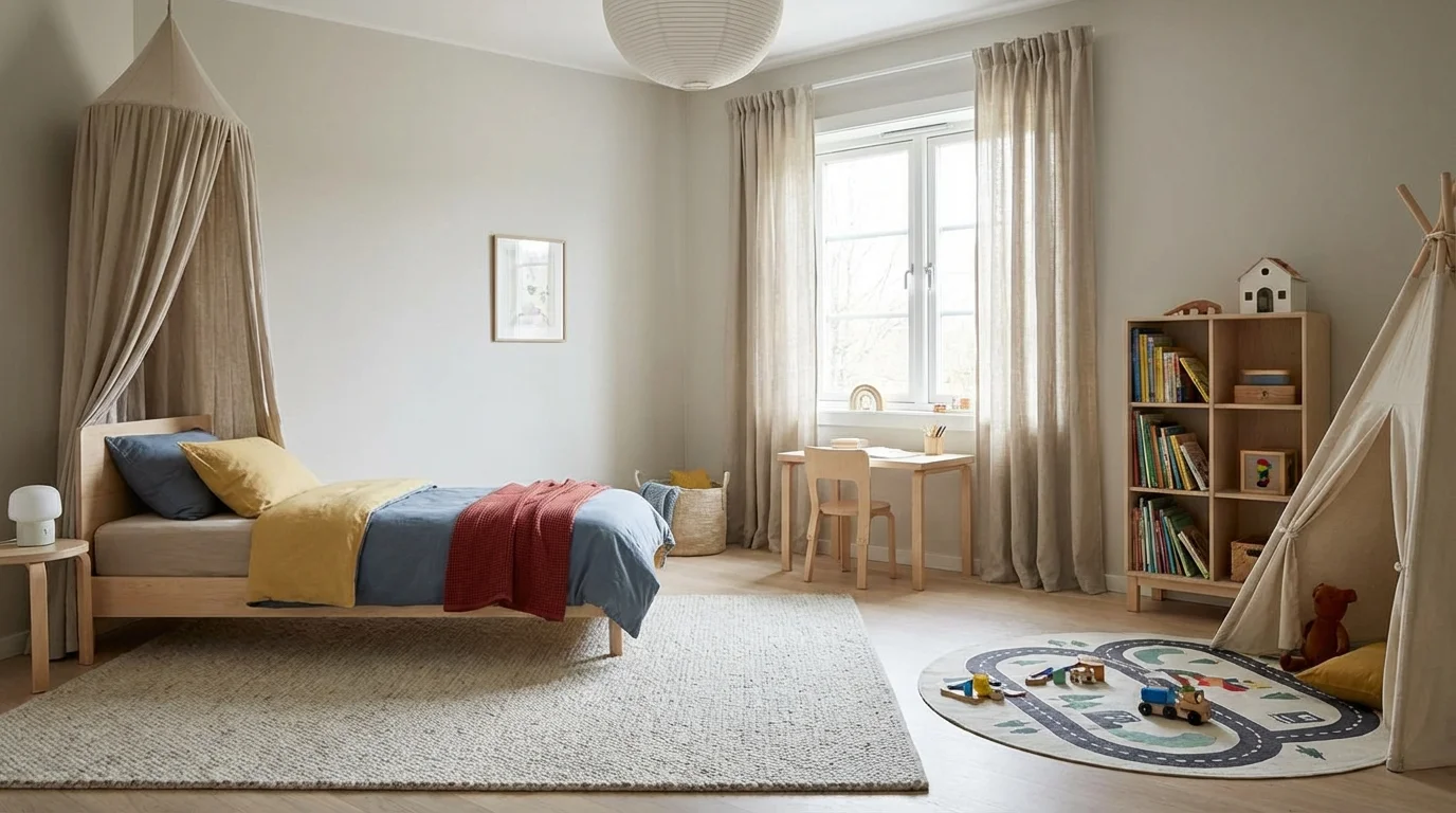 A well-organized child's room featuring distinct areas for sleep, play, and study.