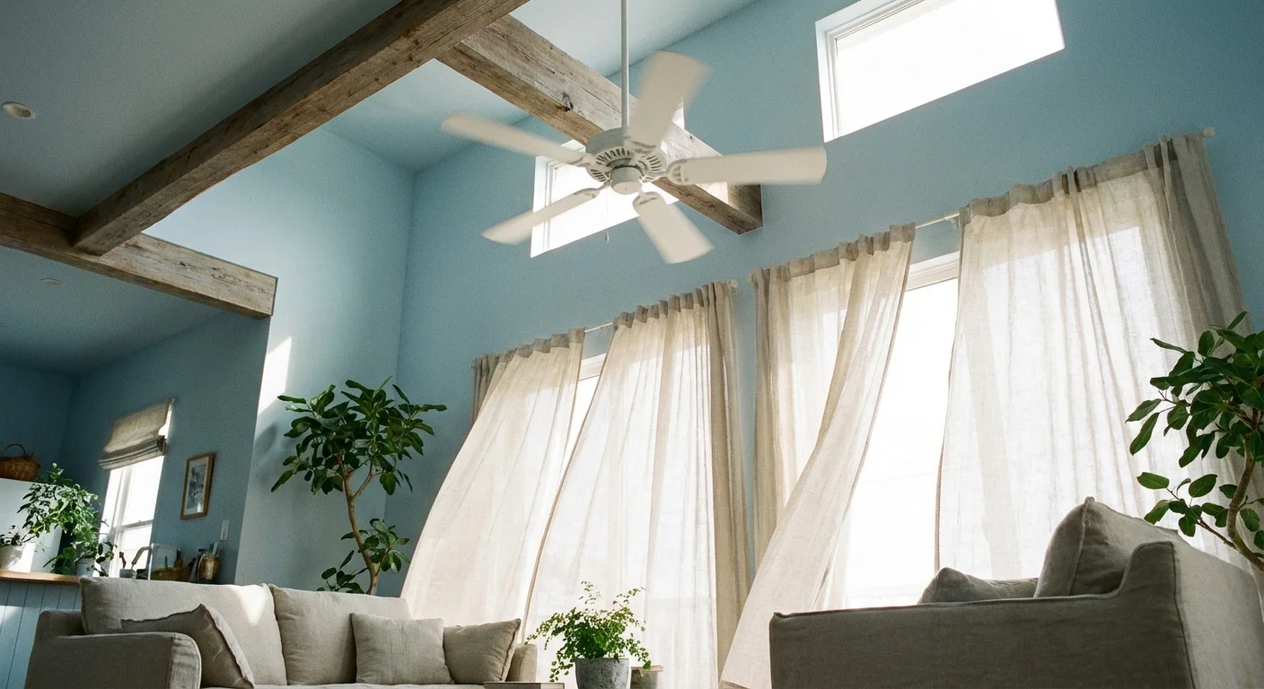 A white ceiling fan spinning in a bright, airy room with soft blue walls.