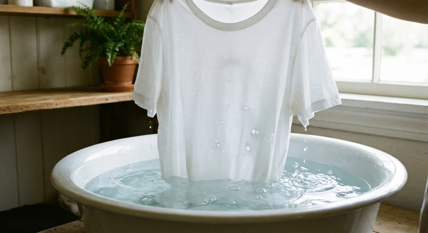 A white shirt being soaked in a basin of cool water.