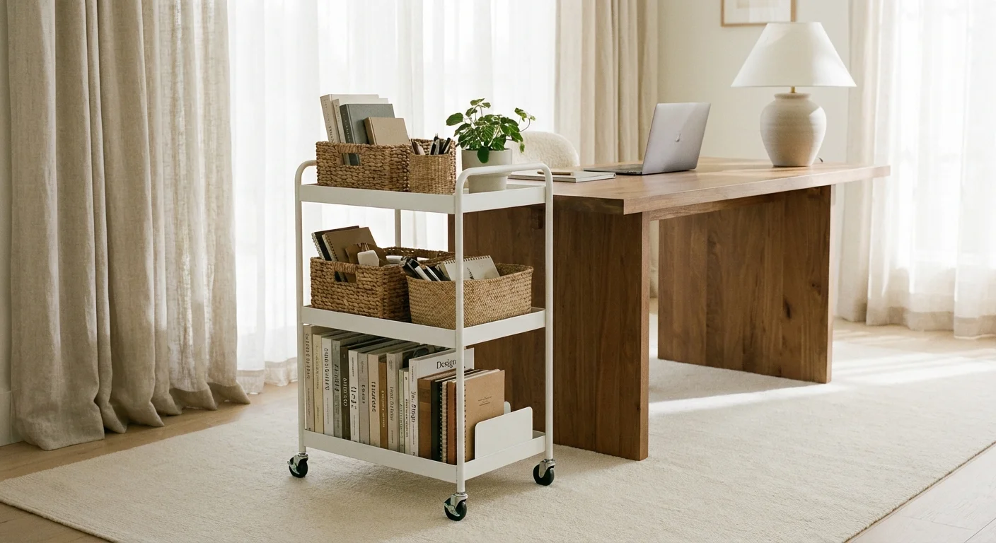 A white three-tier rolling cart used for extra office storage.