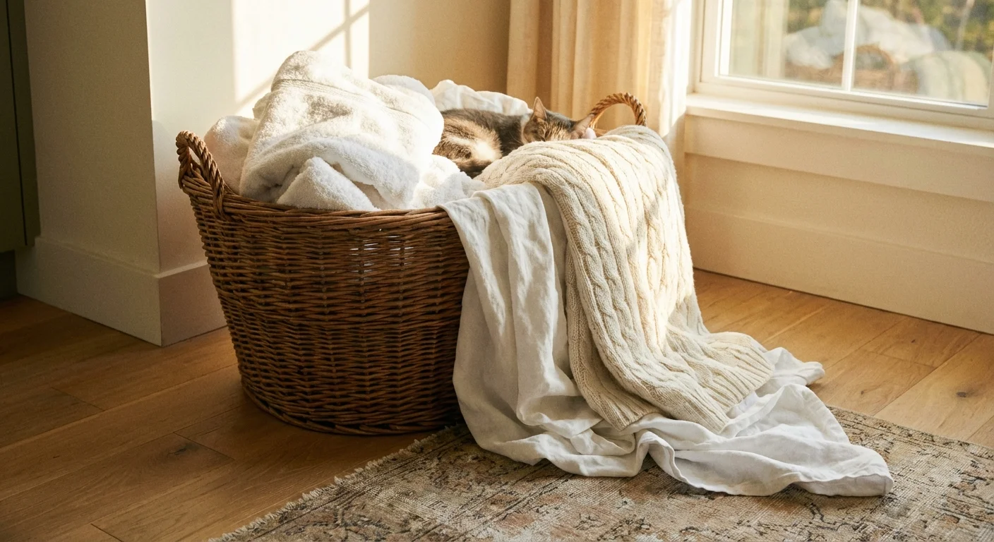 A wicker basket filled with clean white laundry on a wooden floor.