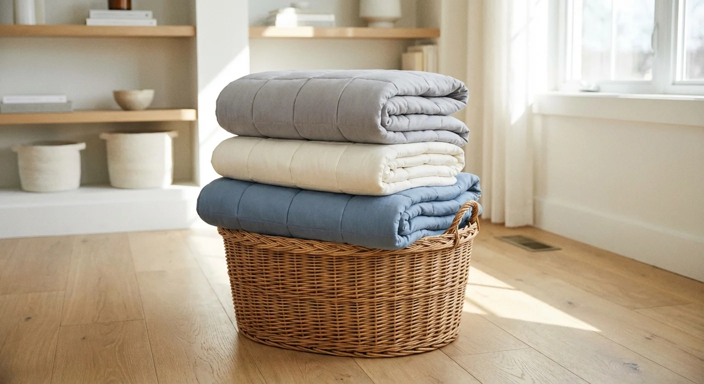A wicker basket filled with neatly folded weighted blankets in various colors.