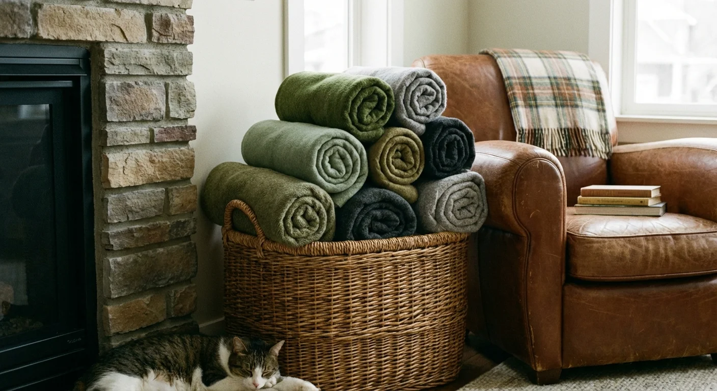 A wicker basket filled with rolled blankets next to a chair.